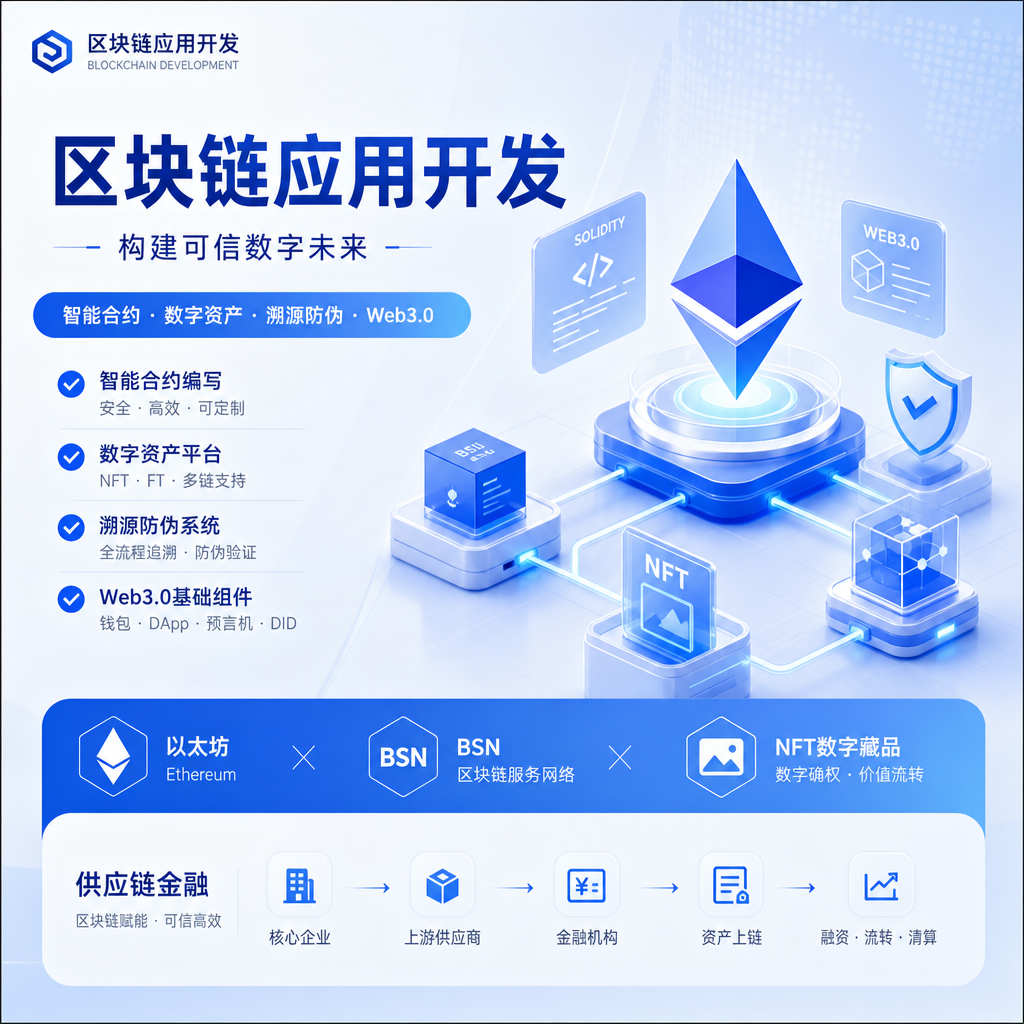 区块链应用开发,智能合约编写、数字资产平台、溯源防伪系统、Web3.0基础组件。以太坊/BSN,NFT数字藏品,质押借贷