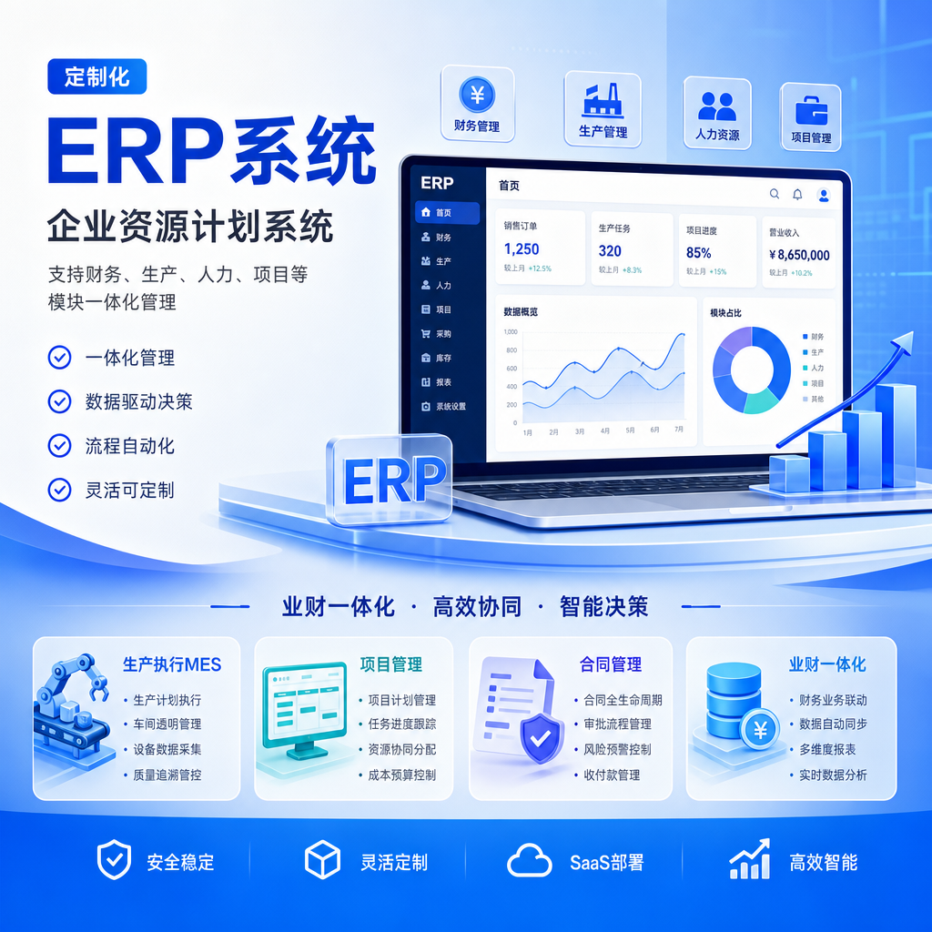 定制化ERP系统,企业资源计划系统，支持财务、生产、人力、项目等模块一体化管理。业财一体化,生产执行MES,项目管理,合同管理