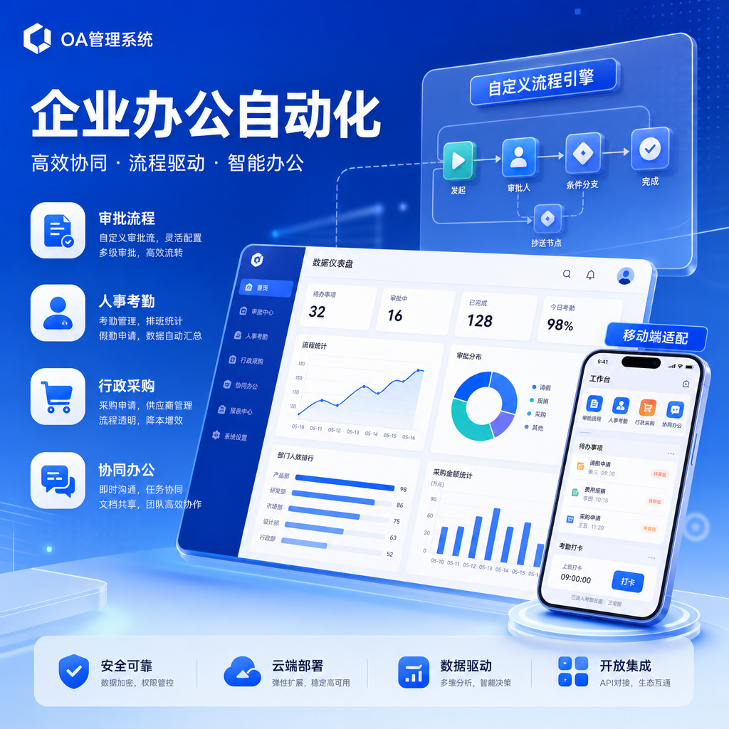 OA管理系统,企业办公自动化，涵盖审批流程、人事考勤、行政采购、协同办公。自定义流程引擎,移动端适配,数据仪表盘