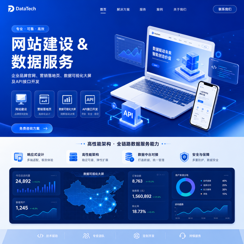 网站建设/数据服务,企业品牌官网、营销落地页、数据可视化大屏及API接口开发。响应式设计,高性能架构,数据中台对接