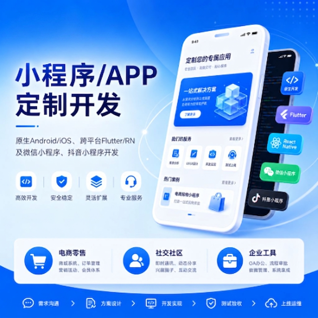 小程序/APP定制开发 原生Android/iOS、跨平台Flutter/RN及微信小程序、抖音小程序开发。 电商零售,社交社区,企业工具